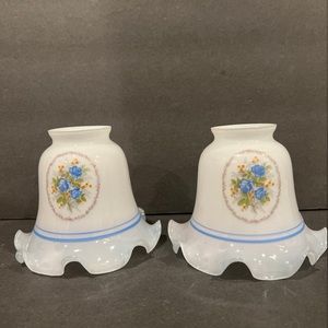 Pair Vintage Milk White Blue Floral Frosted Glass Light Lamp Shade Bell Ruffled